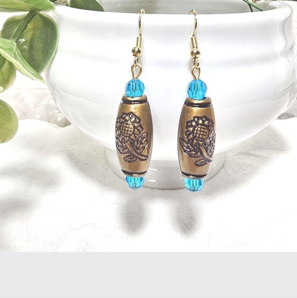Boho Bronze Tone Fasion Drop Earrings with Blue Torquiose Glass Beads